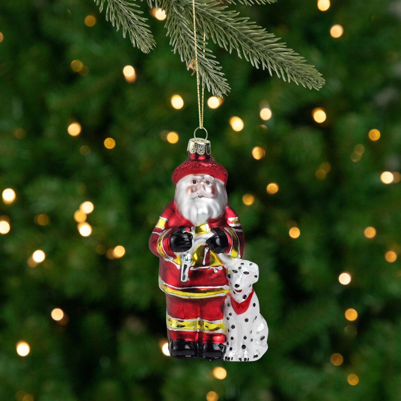 Northlight Fireman Santa Claus with Dalmatian Glass Christmas Ornament - 5" - Red and White